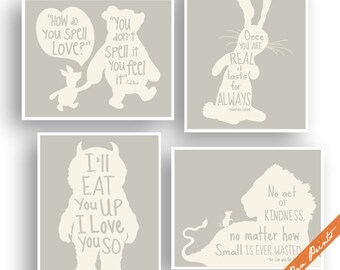 Gender Neutral Storybook Art Prints (series A) - Set of 4 Unframed Art Print (Featured in Forest Mist and Soft Cream) Peter Pan Poster