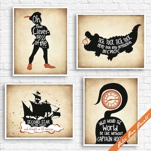 Jongens kamer muur kunst set van 4 ingelijste Peter Pan prints piraat kwekerij decor Neverland babyshower avontuur kinderkamer prints babyjongen cadeau