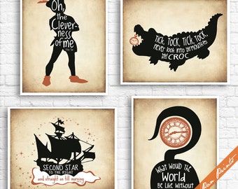 Boys Room Wall Art Set of 4 Unframed Peter Pan Prints Pirate Nursery Decor Neverland Baby Shower Adventure Nursery Prints Baby Boy Gift
