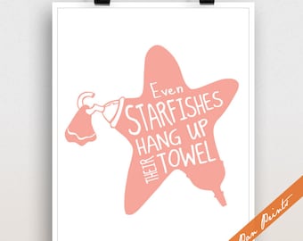 Even Starfishes Hang Up Their Towel - Nautical Kids Bath Inspired Unframed Art Print (featured in Salmon) Nautical Bathroom Art Poster