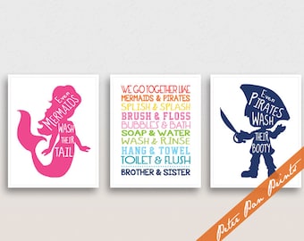 Nautical Bathroom Art Prints, Mermaid Pirate Theme, Set of 3