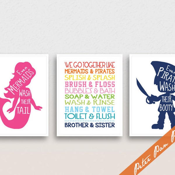 Nautical Bathroom Art Prints, Mermaid Pirate Theme, Set of 3