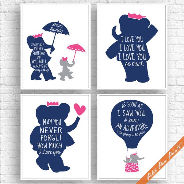 Elephant Kids Decor Babar the Elephant Inspired Set of 4 Art Print Unframed (Colors Navy, Hot Pink, Grey) Elephant Nursery Wall Art Prints