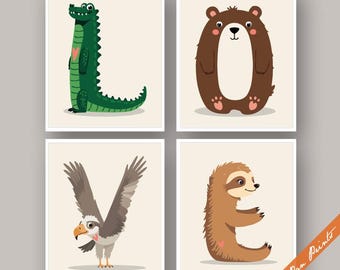 Animal Art for Kids Room ABC's Love Set 4 Art Prints Alligator, Bear, Bird, Sloth Baby Gift Nursery Wall Decor Cute & Cozy Animal theme room