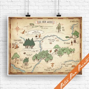 Impresión del mapa de Winnie the Pooh (sin marco) de 100 Aker Wood (incluido en el mapa del tesoro). Pósters y regalos artísticos para niños.