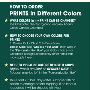 Puede incluir: Gr&aacute;fico promocional para Peter Pan Prints, con instrucciones sobre c&oacute;mo pedir impresiones en diferentes colores. El texto explica c&oacute;mo elegir colores y solicitar pruebas digitales. El dise&ntilde;o incluye una silueta de Peter Pan y un encabezado naranja.