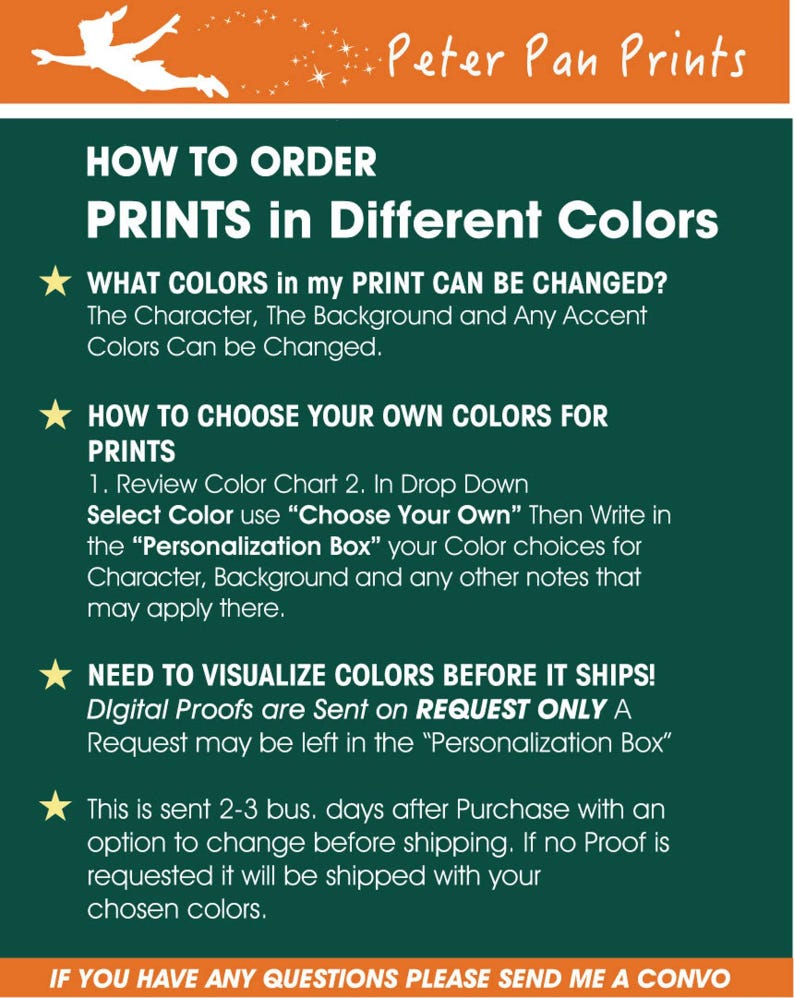 Puede incluir: Gr&aacute;fico promocional para Peter Pan Prints, con instrucciones sobre c&oacute;mo pedir impresiones en diferentes colores. El texto explica c&oacute;mo elegir colores y solicitar pruebas digitales. El dise&ntilde;o incluye una silueta de Peter Pan y un encabezado naranja.