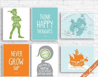 Peter Pan Neverland Quotes and Map (A) - Set of 6 Art Print (Unframed) (Featured in Aqua, Carrot, Green and Grey) Peter Pan Prints