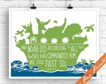 Noah's Ark Quote (Bible Book Genesis) Unframed Art Print (featured in Green and Deep Sea) Bible Stories for Children
