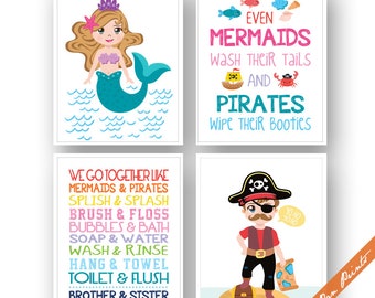 Pirate and Mermaid Bathroom Print Set of 4 Unframed Art Print Mermaid Bathroom Art Pirate Bathroom Art Brother Sister Sign for Bath
