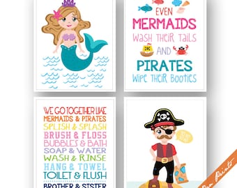 Pirate and Mermaid Bathroom Print Set of 4 Unframed Art Print Mermaid Bathroom Art Pirate Bathroom Art Brother Sister Sign for Bath