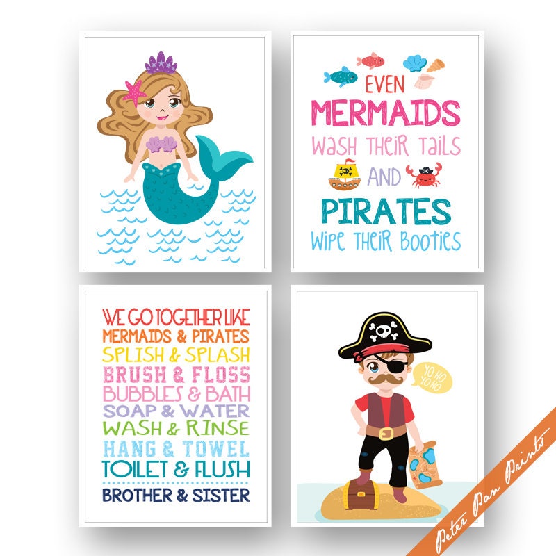 Pirate and Mermaid Bathroom Print Set of 4 Unframed Art Print Mermaid Bathroom Art Pirate Bathroom Art Brother Sister Sign for Bath