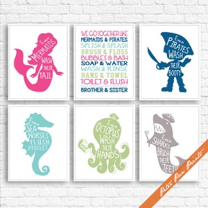 Nautical Unisex Bath Rules Prints - Set of 6 Art Prints (Unframed) (Featured in Hot Pink, Deep Sea, Aqua, Meadow, Dusty Lilac) Boys Girls