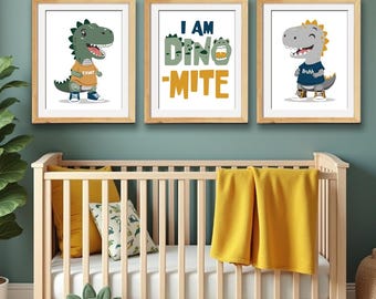 Dinosaur Set of 3 Art Prints T-Rex RAWR & Brontosaurus BRUH Cartoon Illustrations I Am Dino-Mite Quote Dino Boys Room Art Gift for Boys Room