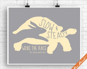 Slow and Steady wins the Race (B) - The Tortoise and the Hare Inspired Art Print (Unframed) (Grey and Butter) Aesop's Fables Print