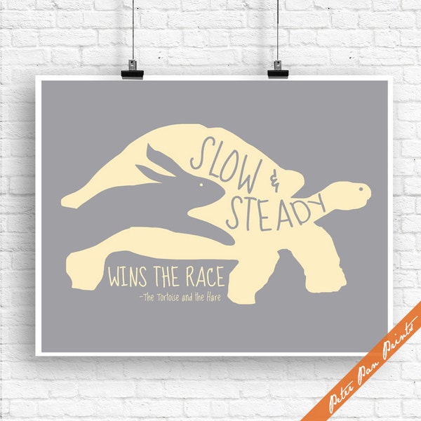 Slow and Steady wins the Race (B) - The Tortoise and the Hare Inspired Art Print (Unframed) (Grey and Butter) Aesop's Fables Print