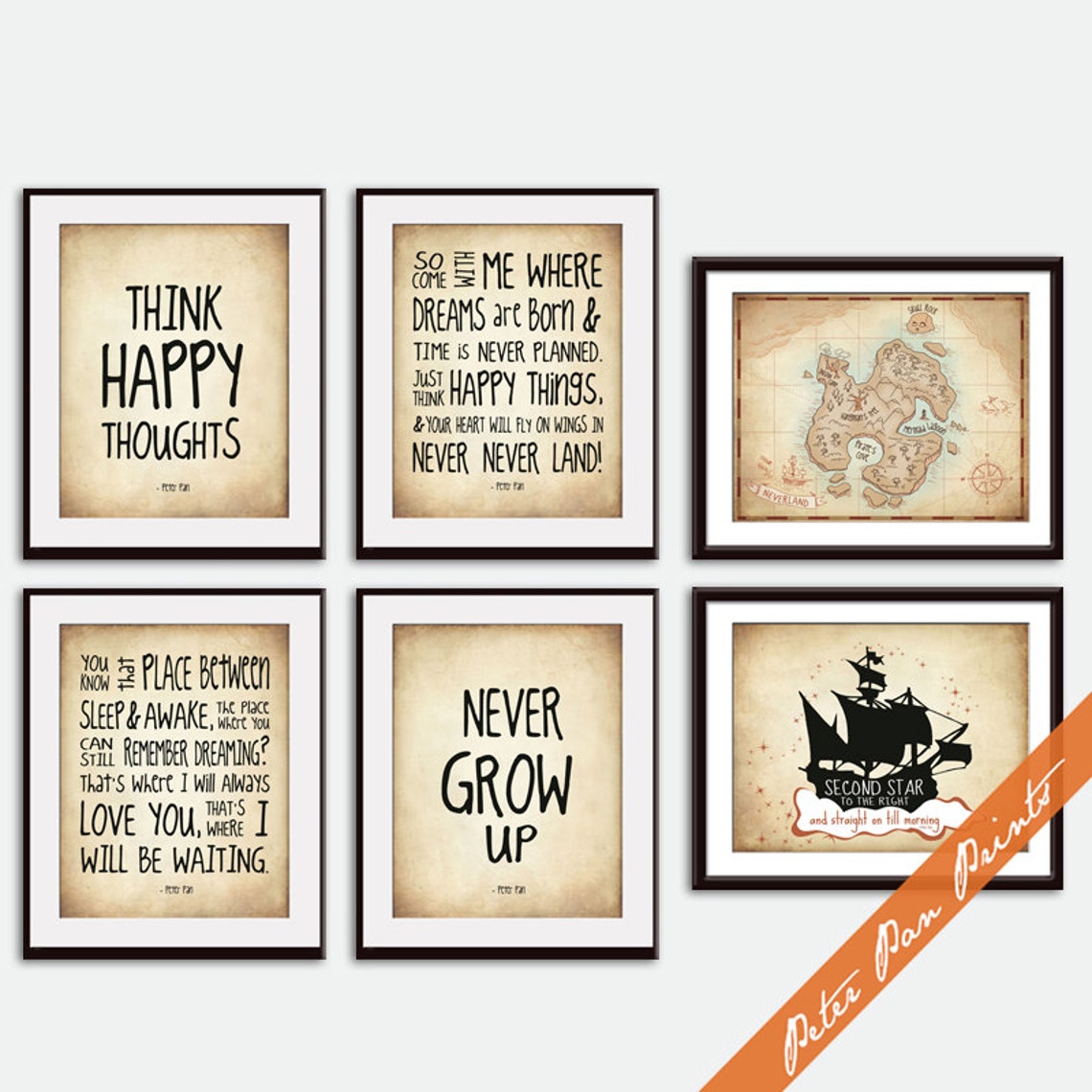 Peter Pan Neverland Quotes and Map B Set of 6 Art Print Etsy UK