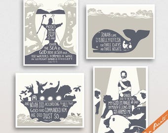 Bible Story Art Prints for Kids Set of 4 Art Unframed Prints Bible Stories Moses, Jonah, Noah, Daniel Bible Scripture Wall Art for Children