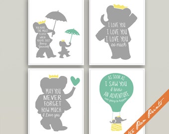 Babar the Elephant Inspired (B) Set of 4 Unframed Art Prints (Featured in Grey, Lemon, Spearmint ) Elephant Nursery Wall Art