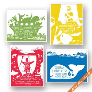 May include: Four colorful illustrations of Bible stories. The top left illustration is green and features Noah's Ark with the text "AND NOAH DID ACCORDING TO ALL THAT GOD HAD COMMANDED HIM. HE DID JUST SO." The top right illustration is yellow and features Daniel in the lion's den with the text "DANIEL SAID TO THE KING MY GOD SENT HIS ANGEL & SHUT THE MOUTH OF LIONS, THEY DID NOT HARMED ME." The bottom left illustration is red and features Moses parting the sea with the text "MOSES NOW STRETCHED OUT HIS HAND OVER THE SEA GOD DROVE THE SEA BACK... WHEN WATERS FORMED A WALL ON THEIR RIGHT HAND & ON THEIR LEFT." The bottom right illustration is blue and features Jonah in the belly of the fish with the text "JONAH CAME TO BE IN THE BELLY OF THE FISH FOR THREE DAYS AND THREE NIGHTS."