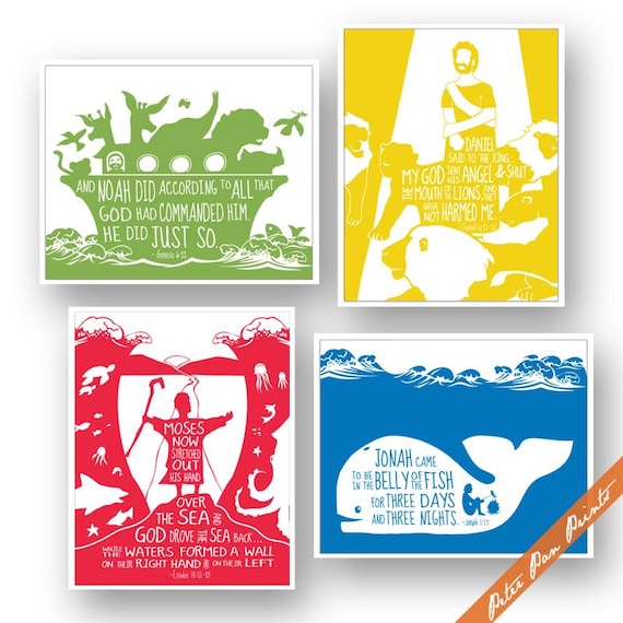 Bible Story for Kids Set of 4 Bible Story Art Print Unframed Bible Story Posters Bible Stories Baby Shower GIft Bible Story Prints