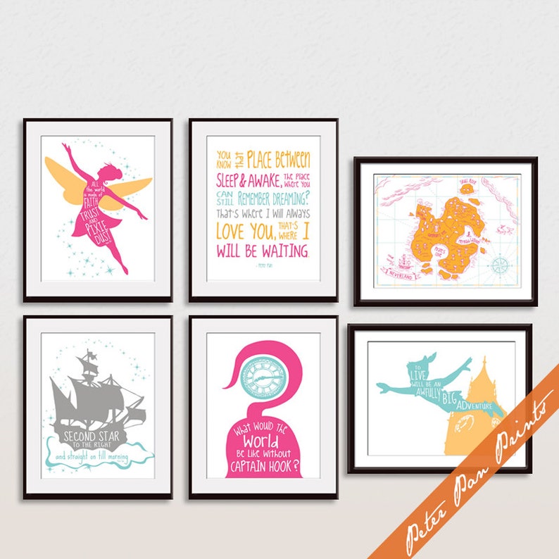 Peter Pan Neverland Quotes and Map 6E Set of 6 Art Print Etsy