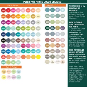 Puede incluir: Carta de colores de Peter Pan Prints, con una variedad de muestras de colores categorizadas como Colores Cl&aacute;sicos, Neutros y Pastel/P&aacute;lidos. Incluye texto que explica c&oacute;mo elegir colores personalizados para impresiones.