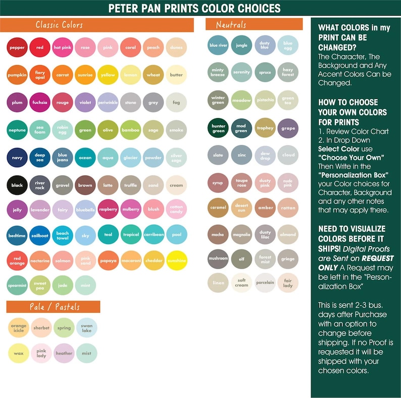 Puede incluir: Carta de colores de Peter Pan Prints, con una variedad de muestras de colores categorizadas como Colores Cl&aacute;sicos, Neutros y Pastel/P&aacute;lidos. Incluye texto que explica c&oacute;mo elegir colores personalizados para impresiones.