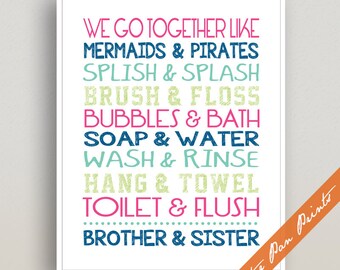 We Go Together Like Brother and Sister Unframed Bath Print (Colors Hot Pink, Blue Jeans, Sea foam, Meadow)Kids Bath Print