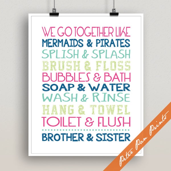 We Go Together Like Brother and Sister Unframed Bath Print (Colors Hot Pink, Blue Jeans, Sea foam, Meadow)Kids Bath Print