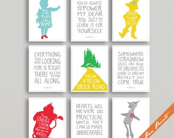 WIZARD of OZ Quotes and Characters - Set of 9 Unframed Art Prints (Featured on Assorted Colors) Kids Room Art Prints