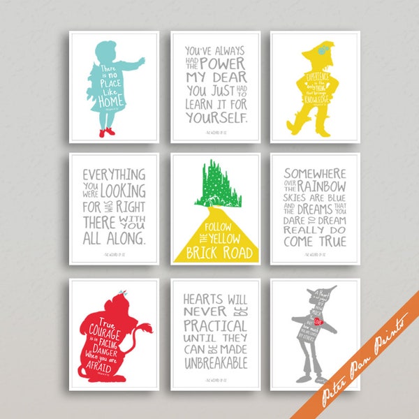 WIZARD of OZ Quotes and Characters - Set of 9 Unframed Art Prints (Featured on Assorted Colors) Kids Room Art Prints