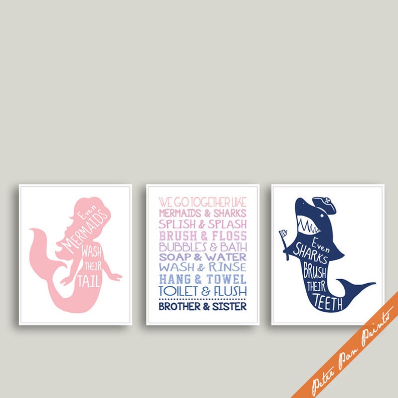 Shark and Mermaid Nautical Bath Quotes series C Ombre Set of Etsy