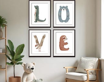 Love Wall Art Animal Prints for Kids Room Set 4 Art Prints Alligator, Bear, Bird, Sloth Baby Gift Nursery Baby Gift Expecting Mom