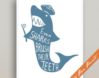 Shark Bathroom Art Print, Nautical Kids Bath Decor