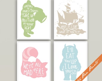 Gender Neutral Storybook (series 4K) Set of 4 Unframed Art Prints (Featured in Blue Jeans, Rattan, Soft Cream) Peter Pan Poster