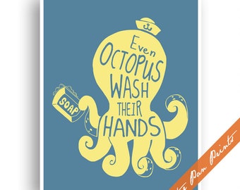 Even Octopus Wash their Hands - Nautical Kids Bath Inspired Unframed Art Print (Featured Lemon on Blue Jeans) Nautical Bathroom Art Poster