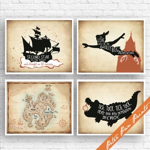 Citas inspiradas en Peter Pan: El País de Nunca Jamás (Serie 4B) - Conjunto de 4 láminas artísticas (sin marco) (Aparece en el Mapa del Tesoro) Láminas de Peter Pan
