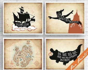 Peter Pan Neverland Inspired Quotes (Series 4B) - Set of 4 Art Print (Unframed) (Featured in Treasure Map) Peter Pan Prints