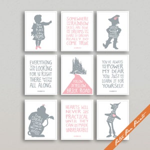 Wizard of OZ Quotes Posters Set of 9 Art Prints Unframed (Colors Pink, Grey) Girls Room Art Prints Baby Girl Room Wall Art Baby Girl Gift