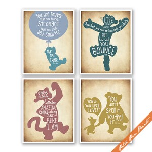 Citas de Winnie the Pooh - Conjunto de 4 láminas artísticas (sin marco) (en los colores: río azul, verde moderado, jarabe y trofeo en el mapa del tesoro). Láminas de Peter Pan.