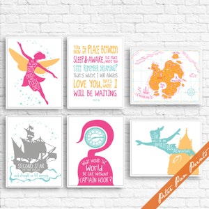 Peter Pan Neverland Quotes and Map (6E) Juego de 6 láminas artísticas (sin marco) (aparece en rosa fuerte, aguamarina, delfín y amanecer pálido) Láminas artísticas para niños