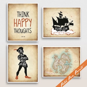 Peter Pan Neverland Inspired Quotes (serie 4E) - Set van 4 Art Print (ingelijst) (te zien in Treasure Map) Peter Pan Prints