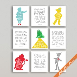 WIZARD of OZ Quotes Set of 9 Unframed Art Prints Kids Room Wall Art Colorful Kids Room Wall Art Movie Poster Art Story Book Themed Nursery