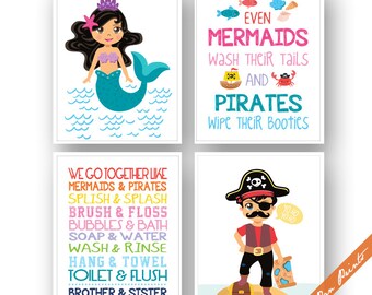Pirate and Mermaid Bathroom Print Set of 4 Unframed Art Print Mermaid Bathroom Art Pirate Bathroom Art Brother Sister Sign for Bath