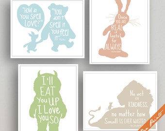 Storybook Nursery Decor Set of 4 Art Prints Unframed Gender Neutral Nursery Baby Gift Children Book Prints Gifts Teaching Lesson Thru Art