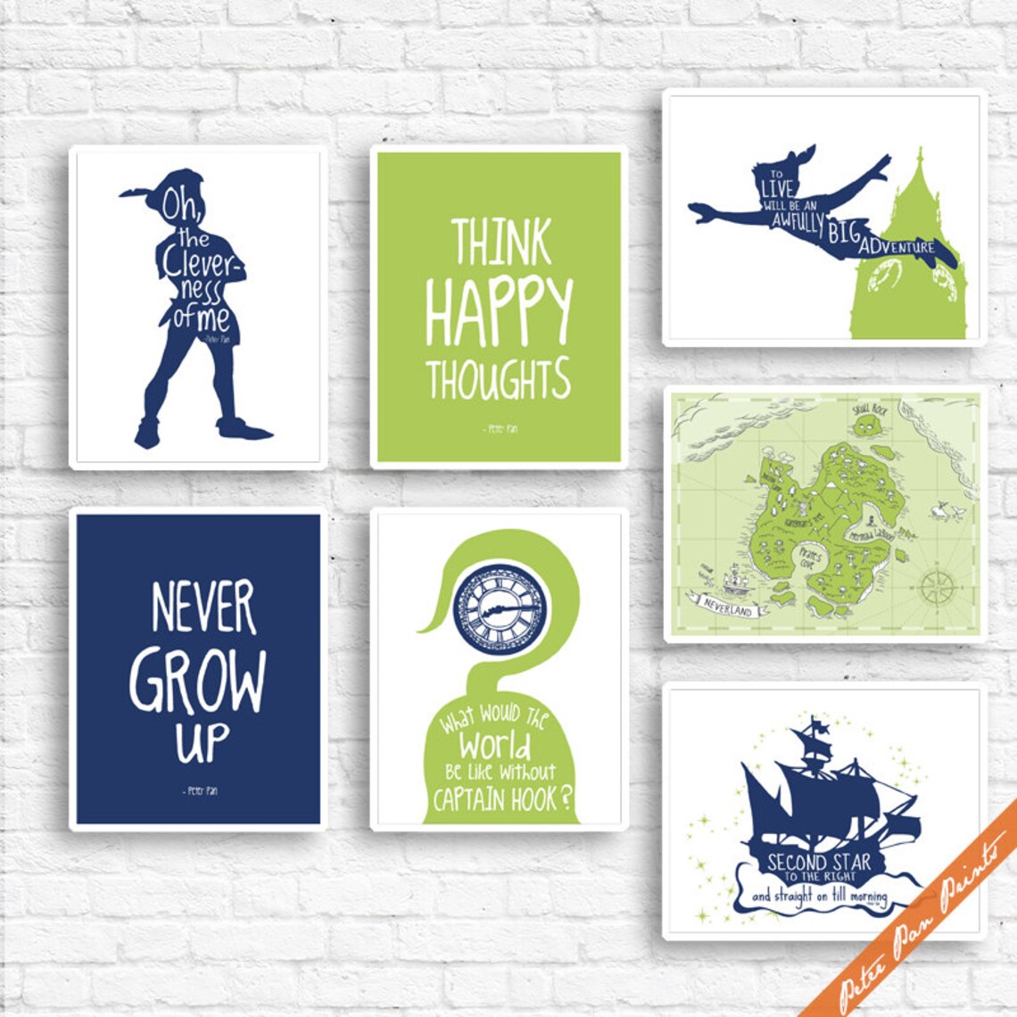 Peter Pan Neverland Quotes and Map C Set of 7 Art Print Etsy