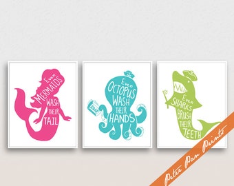 Mermaid, Octopus, Shark - Set of 3 Art Unframed Prints (Featured in Hot Pink, Caribbean, Bamboo) Boys and Girls Bath