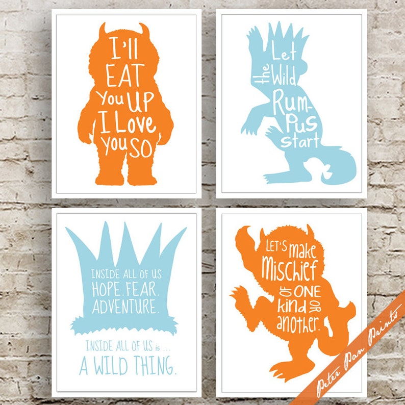 Where The Wild Things Are Inspired Quotes Set Of 4 Art Print Unframed Featured In Carrot And Glacier On White Peter Pan Prints