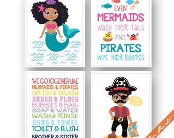 Pirate and Mermaid Bathroom Print Set of 4 Unframed Art Print Mermaid Bathroom Art Pirate Bathroom Art Brother Sister Sign for Bath